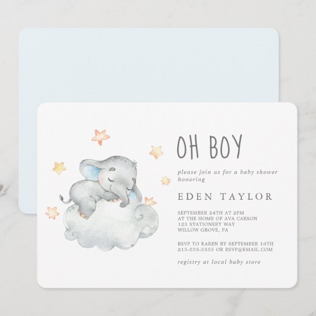 Spipande lilla elefanten Oh Boy Baby Shower Inbjudningar (Fram/baksida)