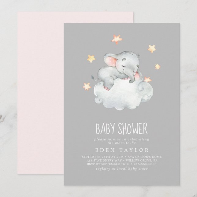Spipande lilla Elephant Girl | Grått Baby Shower Inbjudningar (Fram/baksida)