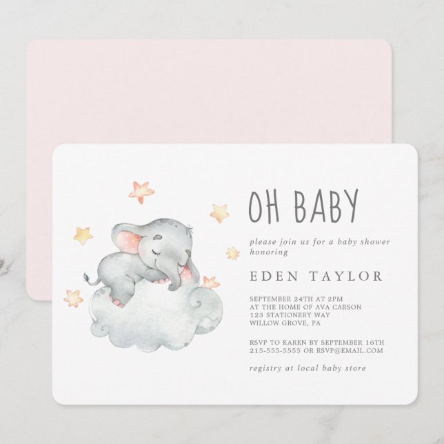 Spipande lilla Elephant Girl Oh Baby Shower Inbjudningar (Fram/baksida)
