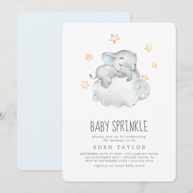 Spipande Little Elephant Boy Baby Sprinkle Inbjudningar (Fram/baksida)