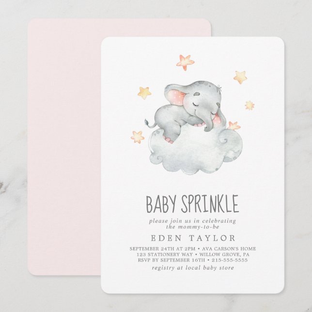 Spipande Little Elephant Girl Baby Sprinkle Inbjudningar (Fram/baksida)