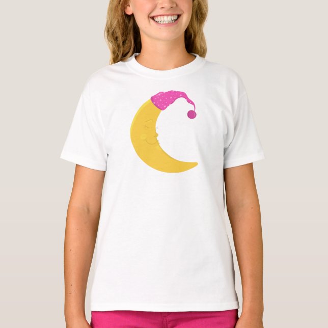 Spipande Måne, Cute Måne, Gult Måne, Nightcap T Shirt (Framsida)