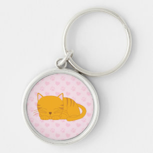 Spipande Orange Tabby katt Rund Silverfärgad Nyckelring