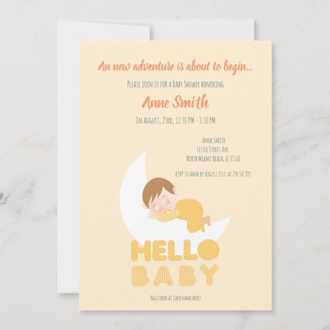 Spipande pojke på måne babyduschen inbjudningar (Framsida)