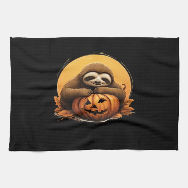 Spipande Sloth och Halloween Pumpkin Classic T-Shi Kökshandduk (Horisontell)