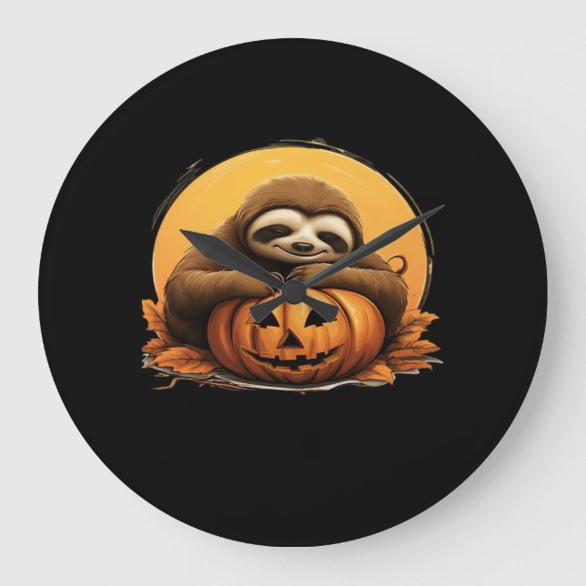Spipande Sloth och Halloween Pumpkin Classic T-Shi Stor Klocka (Framsida)