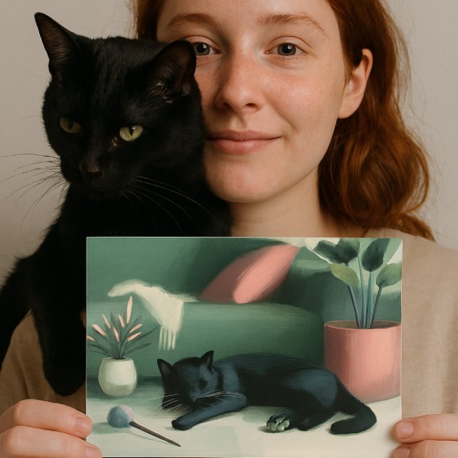 Spipande svart katt/Catnip Dreams Vykort (“For the ones who carry love on their shoulders. A postcard for black cat lovers. AI created)