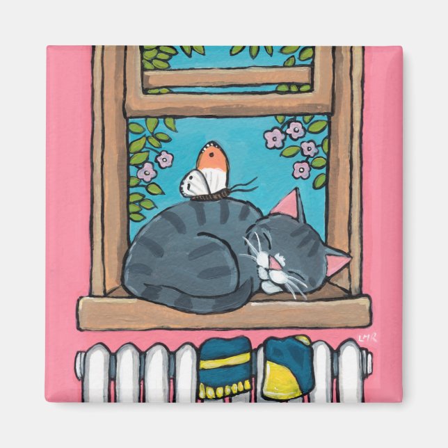 Spipande Tabby katt med fjäril på fönstersäck Magnet (Framsidan)