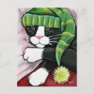 Spipande Tuxedo Cat med nightcap Art-vykort Vykort