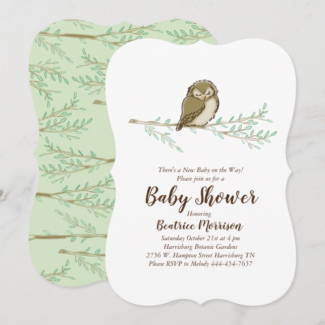 Spipande Uggla Baby Shower Woodland Bird Inbjudningar (Fram/baksida)