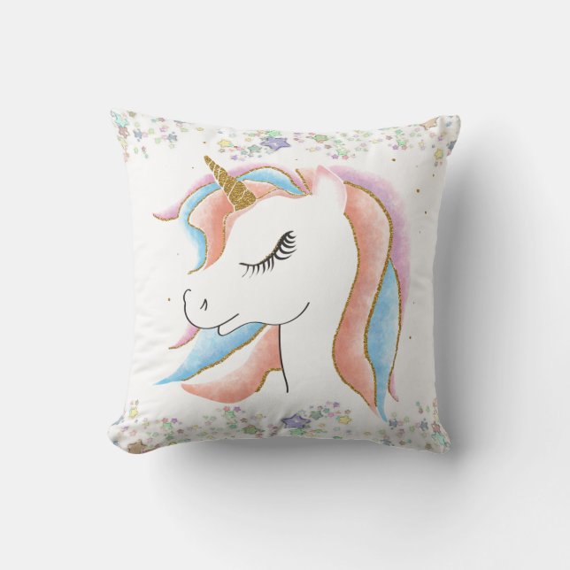 Spipande Unicorn och Pastel Stars Kudde (Framsida)