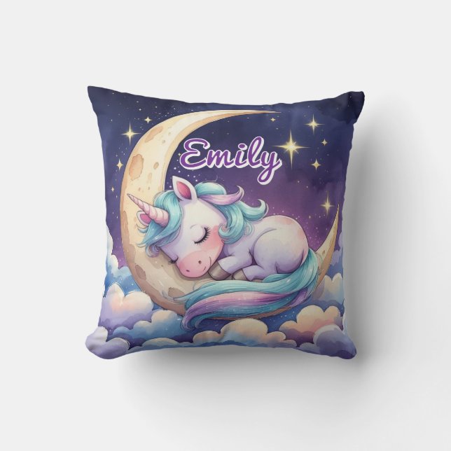 Spipande Unicorn på Måne Editable Namn Pillow Kudde (Framsida)