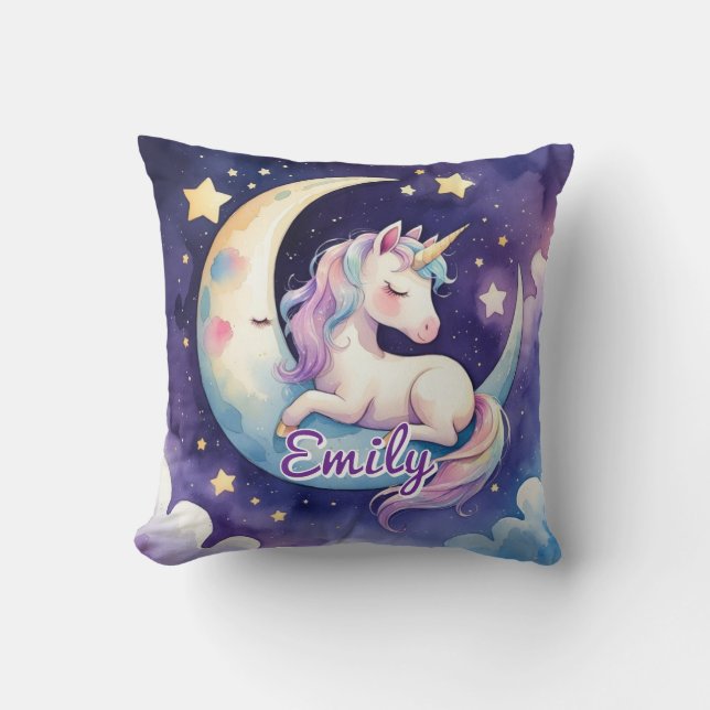 Spipande Unicorn på Måne Editable Namn Pillow Kudde (Framsida)