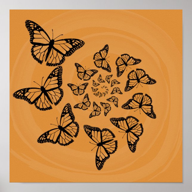 Spiral Butterflies Black on Orange Print Poster (Framsidan)