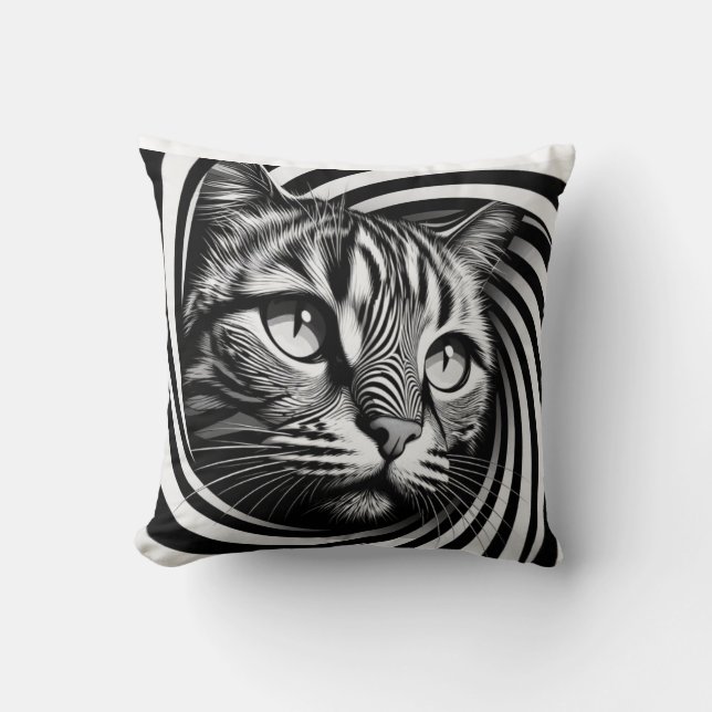 Spiral Cat Face Cushion – Hypnotic Feline Optical  Kudde (Framsida)