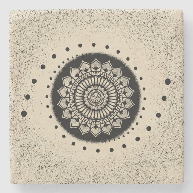 Spiral Dots and Flowers Black Henna Mandala Stenunderlägg (Framsidan)