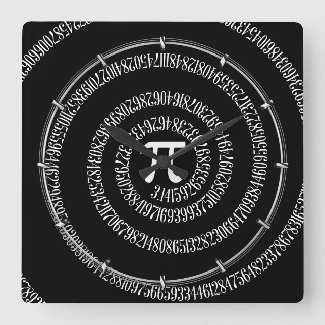 Spiral för Pi på svart stil Fyrkantig Klocka (Framsida)