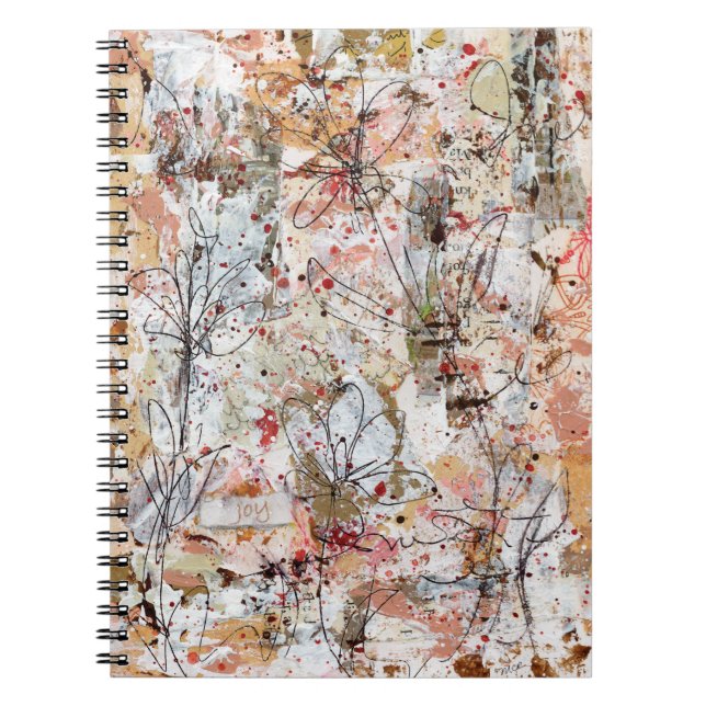 Spiral notebook featuring mixed media artwork. anteckningsbok (Framsidan)