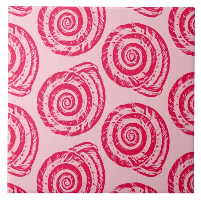 Spiral Seashell Block Print, Coral Rosa & Fuchsia Kakelplatta (Framsidan)