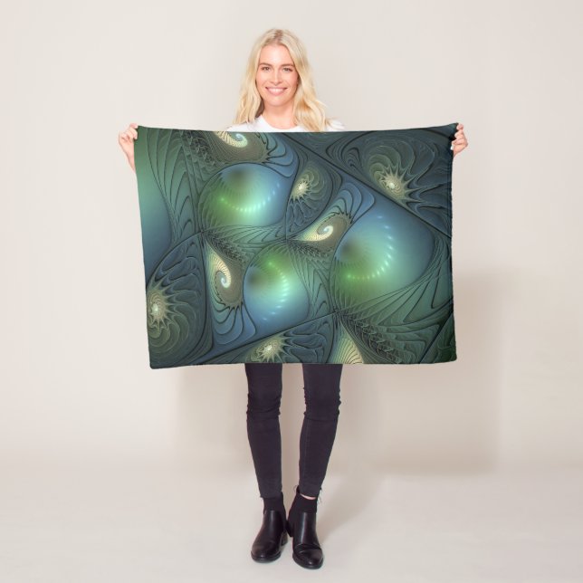Spiral Teal Beige Grönt Abstrakt Fractal Art Fleecefilt (På plats)