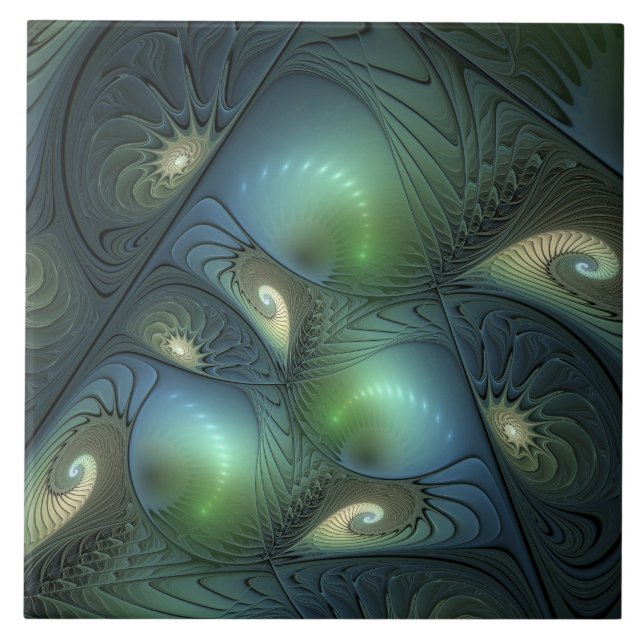 Spiral Teal Beige Grönt Abstrakt Fractal Art Kakelplatta (Framsidan)