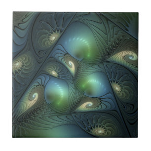 Spiral Teal Beige Grönt Abstrakt Fractal Art Kakelplatta