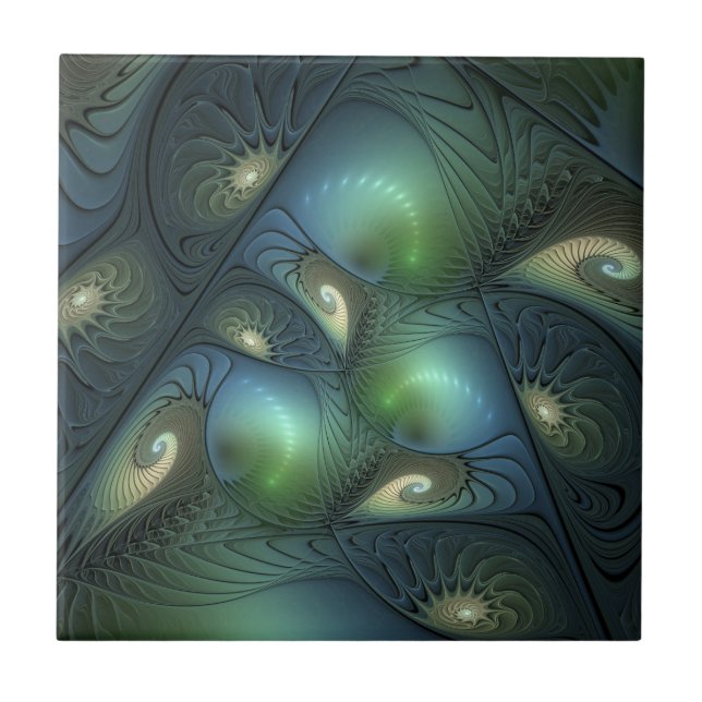 Spiral Teal Beige Grönt Abstrakt Fractal Art Kakelplatta (Framsidan)