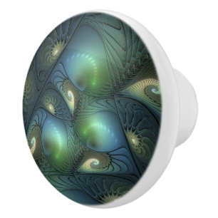 Spiral Teal Beige Grönt Abstrakt Fractal Art Knopp