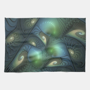 Spiral Teal Beige Grönt Abstrakt Fractal Art Kökshandduk