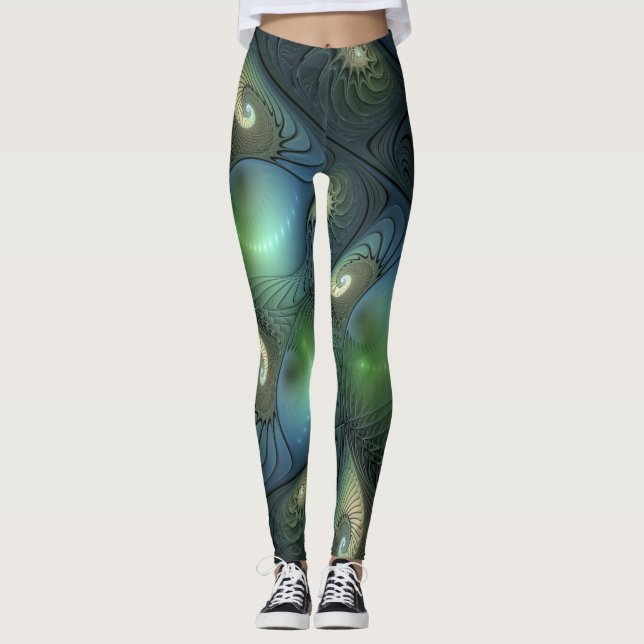 Spiral Teal Beige Grönt Abstrakt Fractal Art Leggings (Framsida)