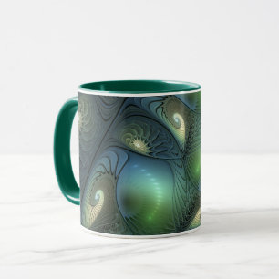 Spiral Teal Beige Grönt Abstrakt Fractal Art Mugg
