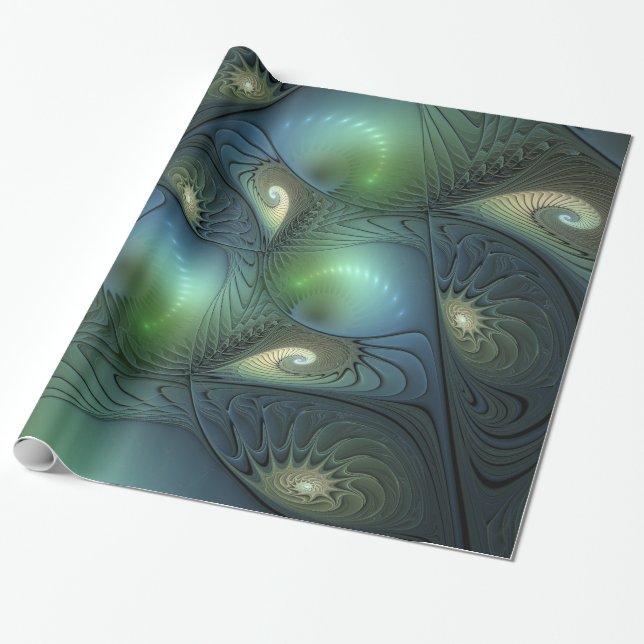 Spiral Teal Beige Grönt Abstrakt Fractal Art Presentpapper (Utrullad)
