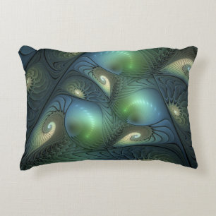 Spiral Teal Beige Grönt Abstrakt Fractal Art Prydnadskudde
