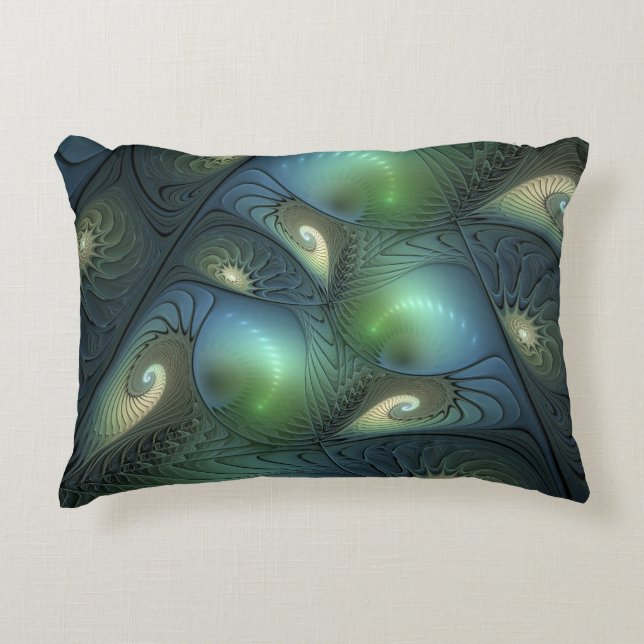 Spiral Teal Beige Grönt Abstrakt Fractal Art Prydnadskudde (Framsidan)