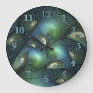 Spiral Teal Beige Grönt Abstrakt Fractal Art Stor Klocka