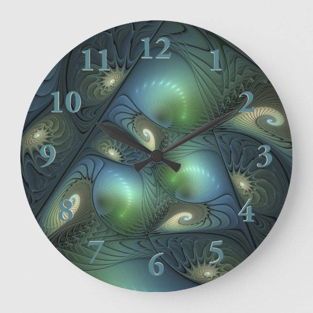 Spiral Teal Beige Grönt Abstrakt Fractal Art Stor Klocka (Framsida)