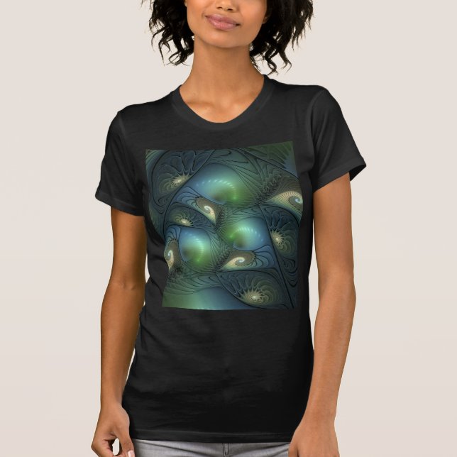 Spiral Teal Beige Grönt Abstrakt Fractal Art T Shirt (Framsida)