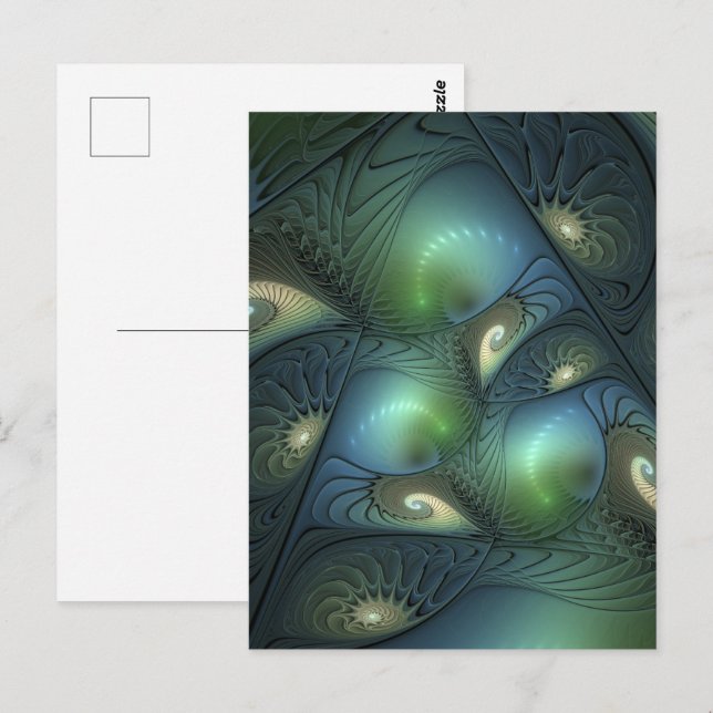 Spiral Teal Beige Grönt Abstrakt Fractal Art Vykort (Fram/baksida)
