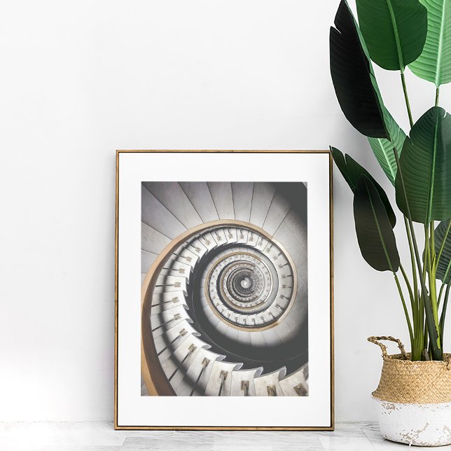 Spiral trapphus Poster (Spiral Staircase Poster in a golden frame with matte next to large boho plant.)