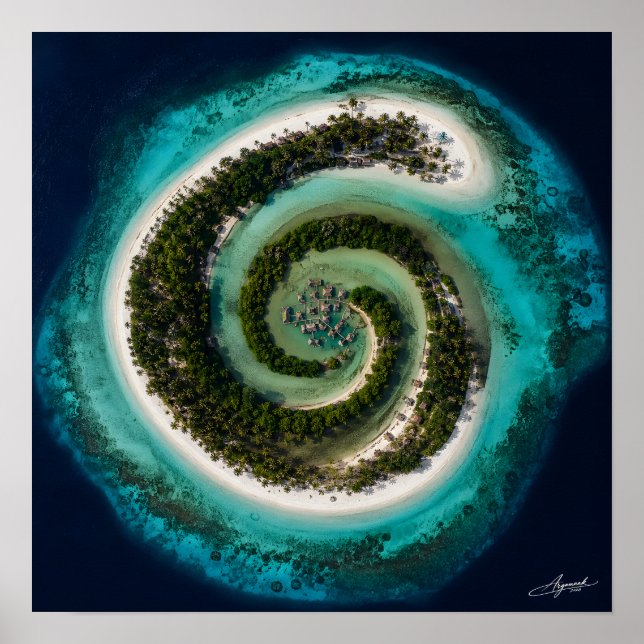 Spiralatoll med flytande by satellitvy poster (Framsidan)