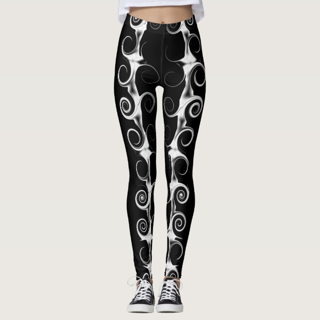 Spiraler och virvlar svart-vit mönster leggings (Framsida)