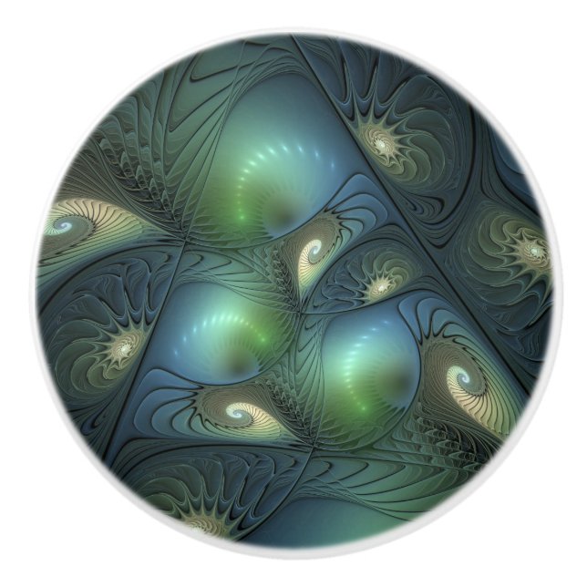 Spiraler Teal Beige Grön Abstrakt Fraktal Konst Knopp (Framsidan)