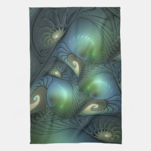 Spiraler Teal Beige Grön Abstrakt Fraktal Konst Kökshandduk
