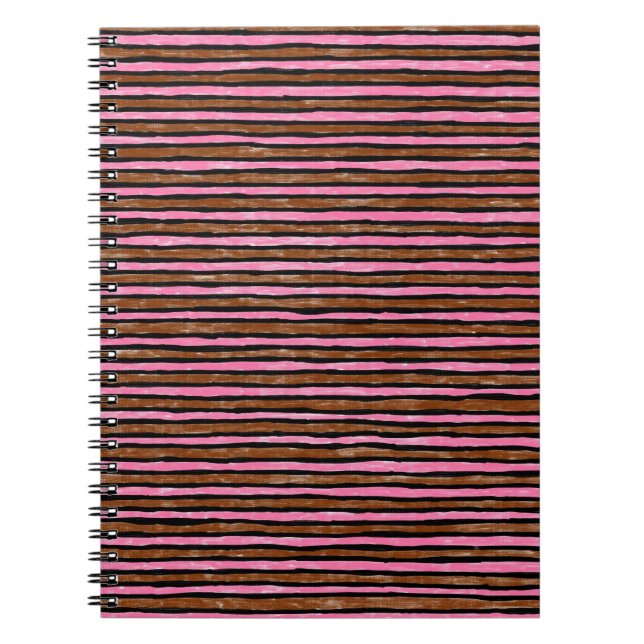 Spiralhäfte, målade ränder rosa & brun anteckningsbok (Framsidan)