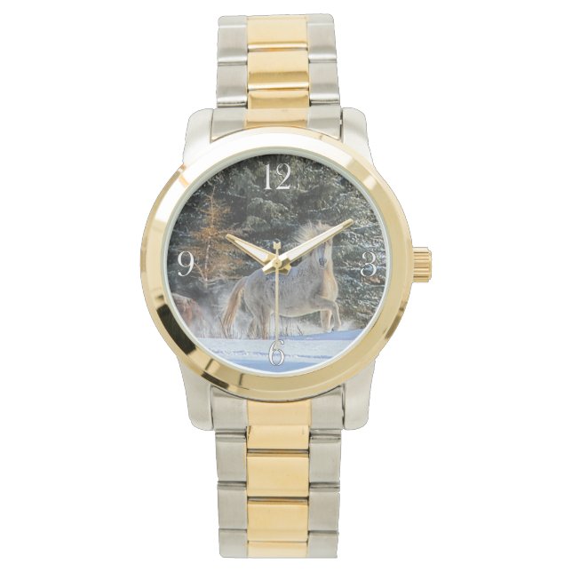 Spirated White Horse and Snö Equine Photo Armbandsur (Framsida)