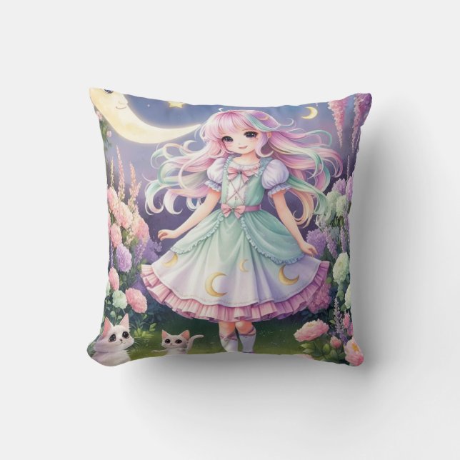 Spirit Cat Pillow - Kawaii Magic Girl Decor Kudde (Framsida)