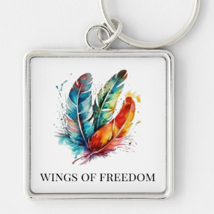 Spirit Feathers: Vibrant Watercolor Art Fyrkantig Silverfärgad Nyckelring