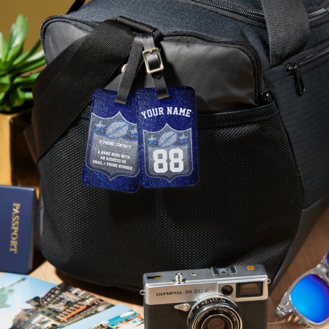 Spirit för Blue & Silver Glitter Football Player T Bagagebricka (Fram & Baksida)