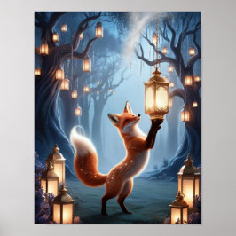 Spirit Fox Lantern Wall Art - Mystical Forest Poster