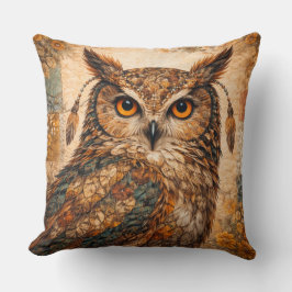 Spirit Owl Boho Patchwork Rustic Folk Art Kudde